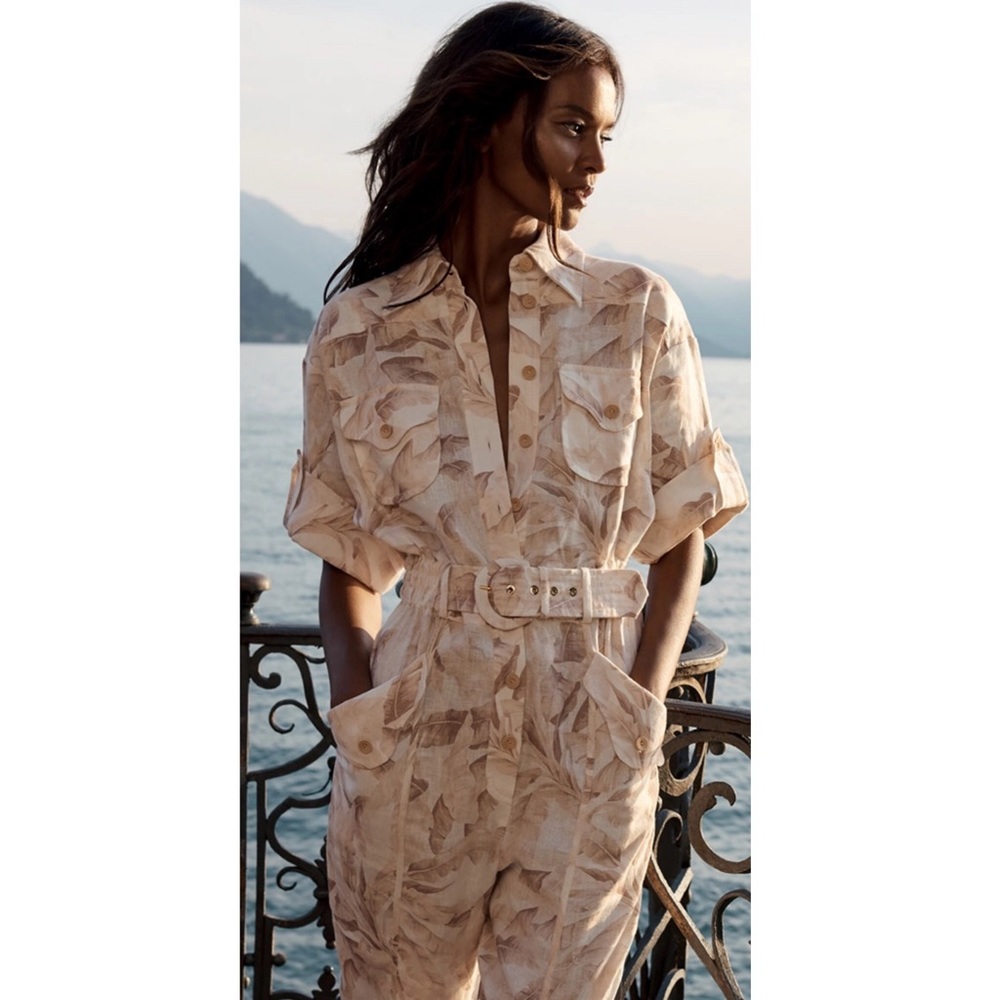 Zimmermann Neutral Beige Print Belted Jumpsuit